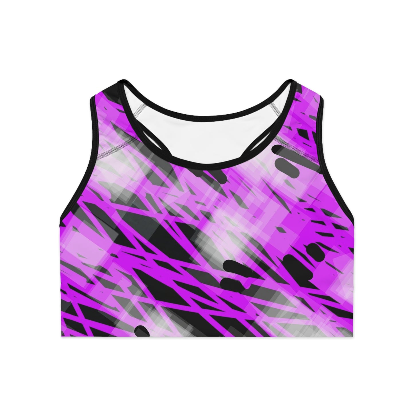 Juliet-Marie II:   BLK Trim; Vibrant Pattern Sports Bra - Trendy Activewear for Fitness Enthusiasts