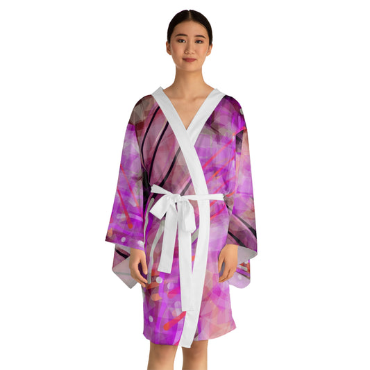 Gilda:  Elegant Abstract Pink Long Sleeve Kimono Robe for Relaxation and Style