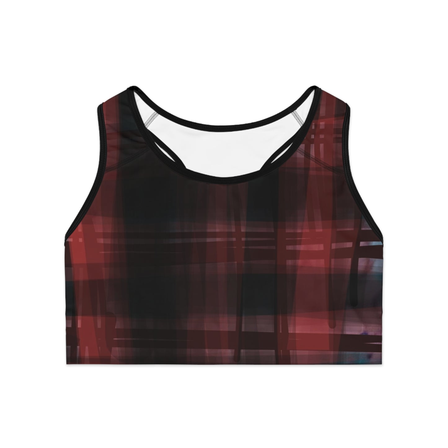 Mechelle II: BLK Trim Bold Black and Red Plaid Sports Bra for Active Women