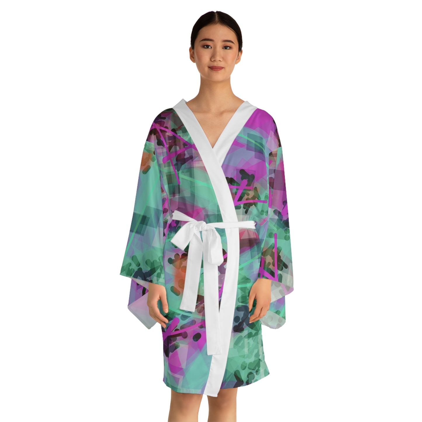 Hi Norma II: White Trim Colorful Abstract Long Sleeve Kimono Robe | Trendy Cover-Up for Relaxation