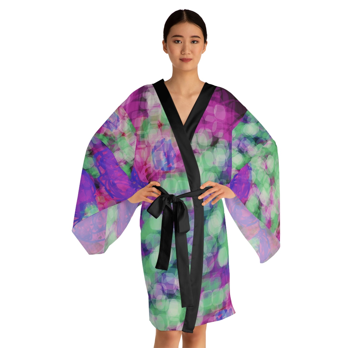 Eden Love:  Kimono Style Robe – Purple & Mint All-Over Print