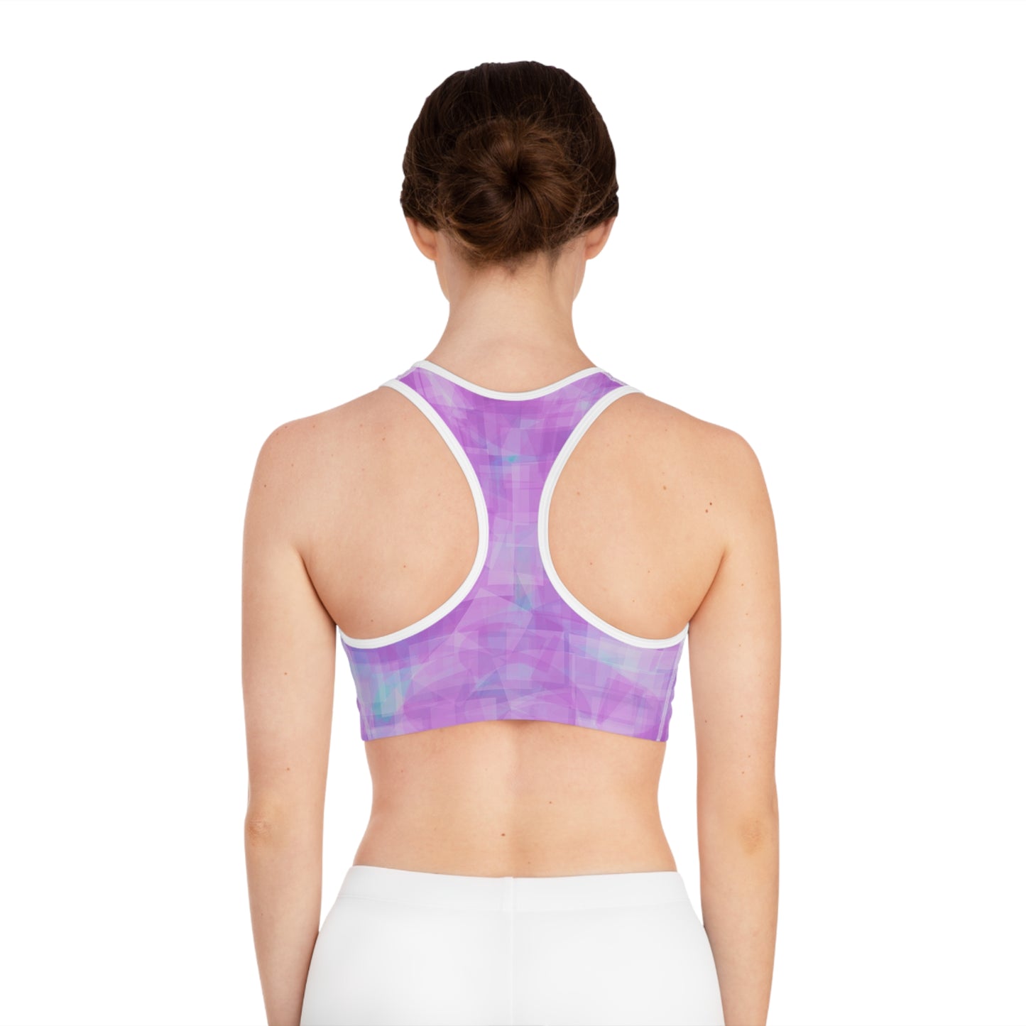 Betty I: WH Trim, Pastel Pink Stylish Sports Bra, AOP, Activewear, Workout Gear, Fitness Apparel, Gift for Her, Bright Pastel Colors