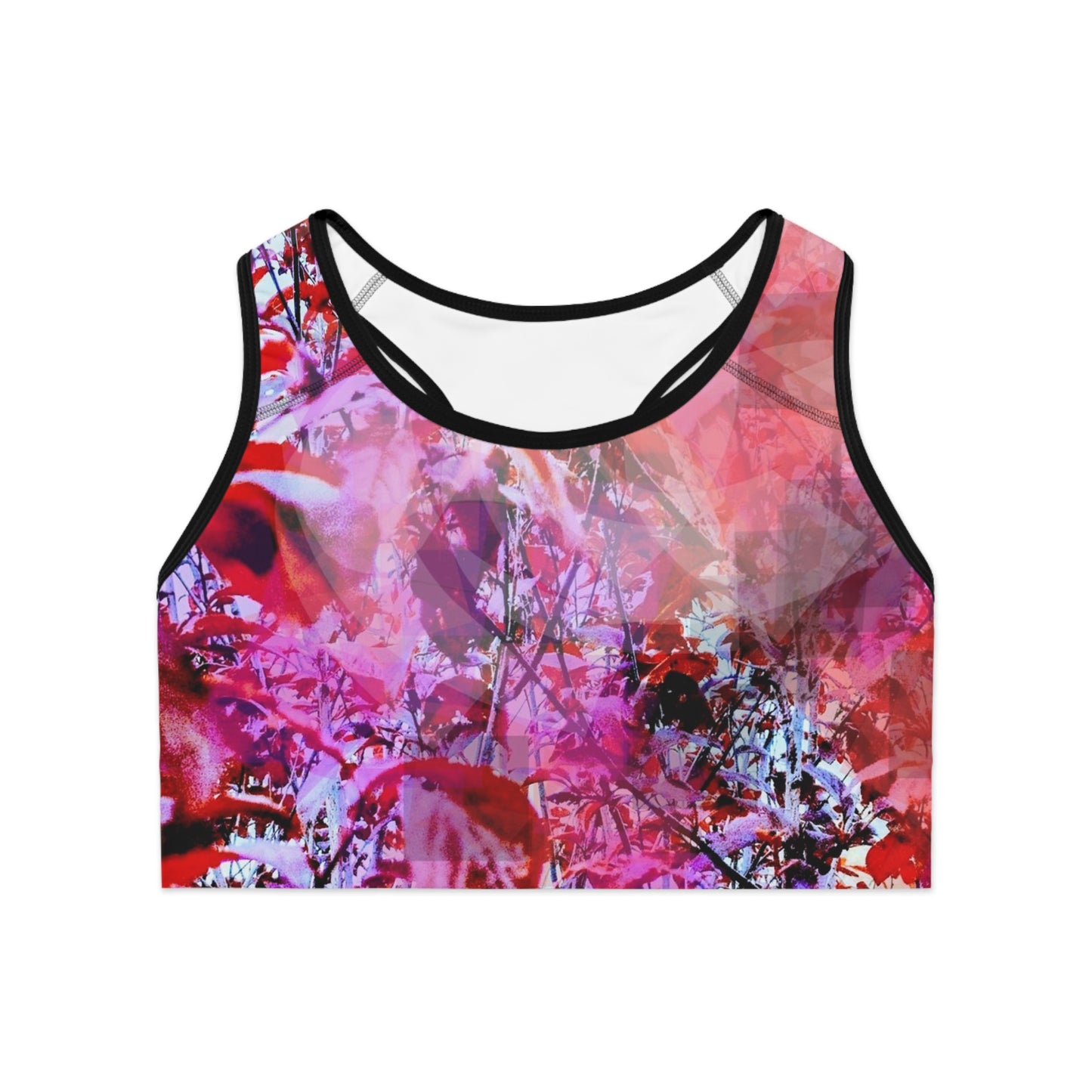 Garnet I:  Blk Trim; Nature Lovers Sports Bra, Chic Design, Red & Violet Tones Activewear