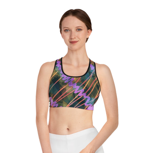 Ava II:  Blk Trim Abstract Vibrant Sports Bra - Stylish Activewear for Women