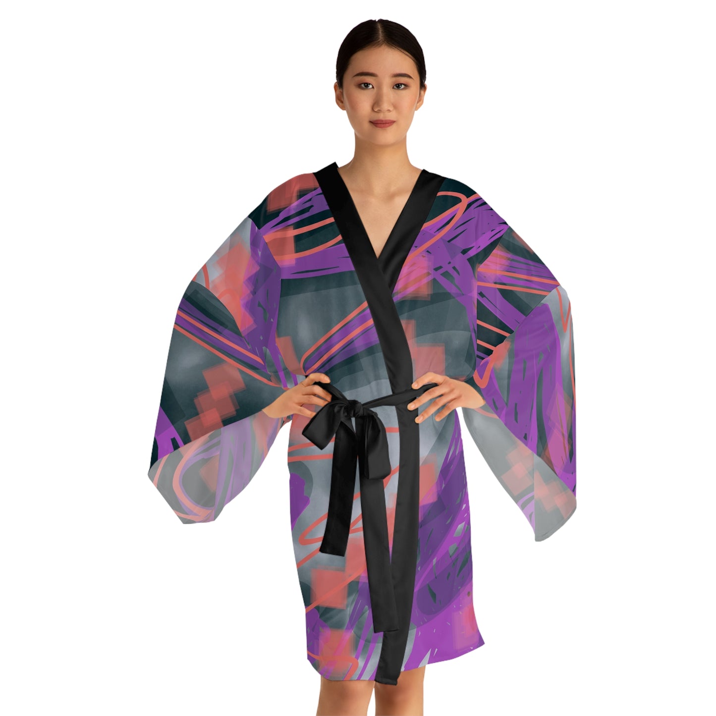 Mel:  Blk Trim Vibrant Long Sleeve Kimono Robe - Abstract Art Design for Relaxation and Style