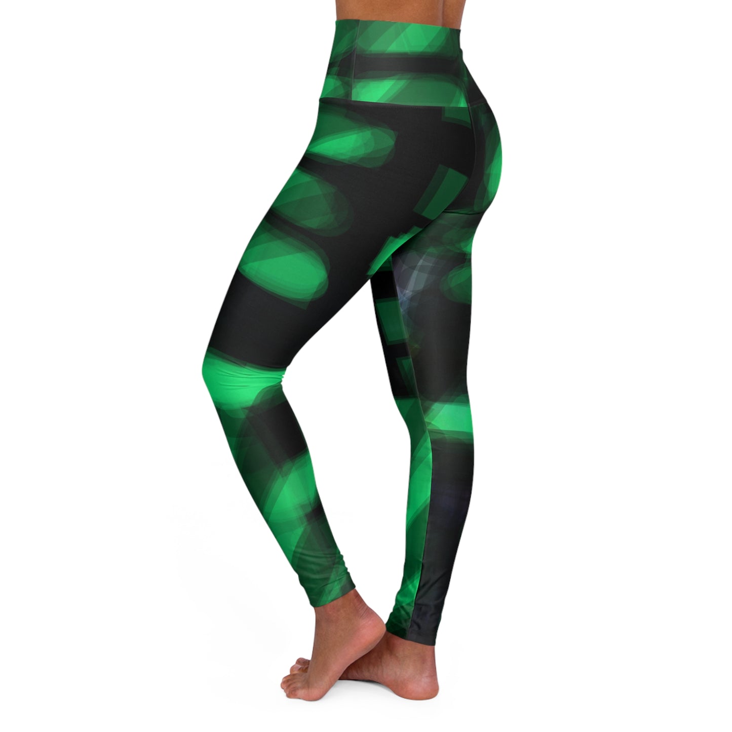 Electra Land:  High Waisted Green & Black Leggings with Vibrant Abstract Design, Workout Gear, Activewear, Fitness Apparel, Yoga Class, Athletic Wear