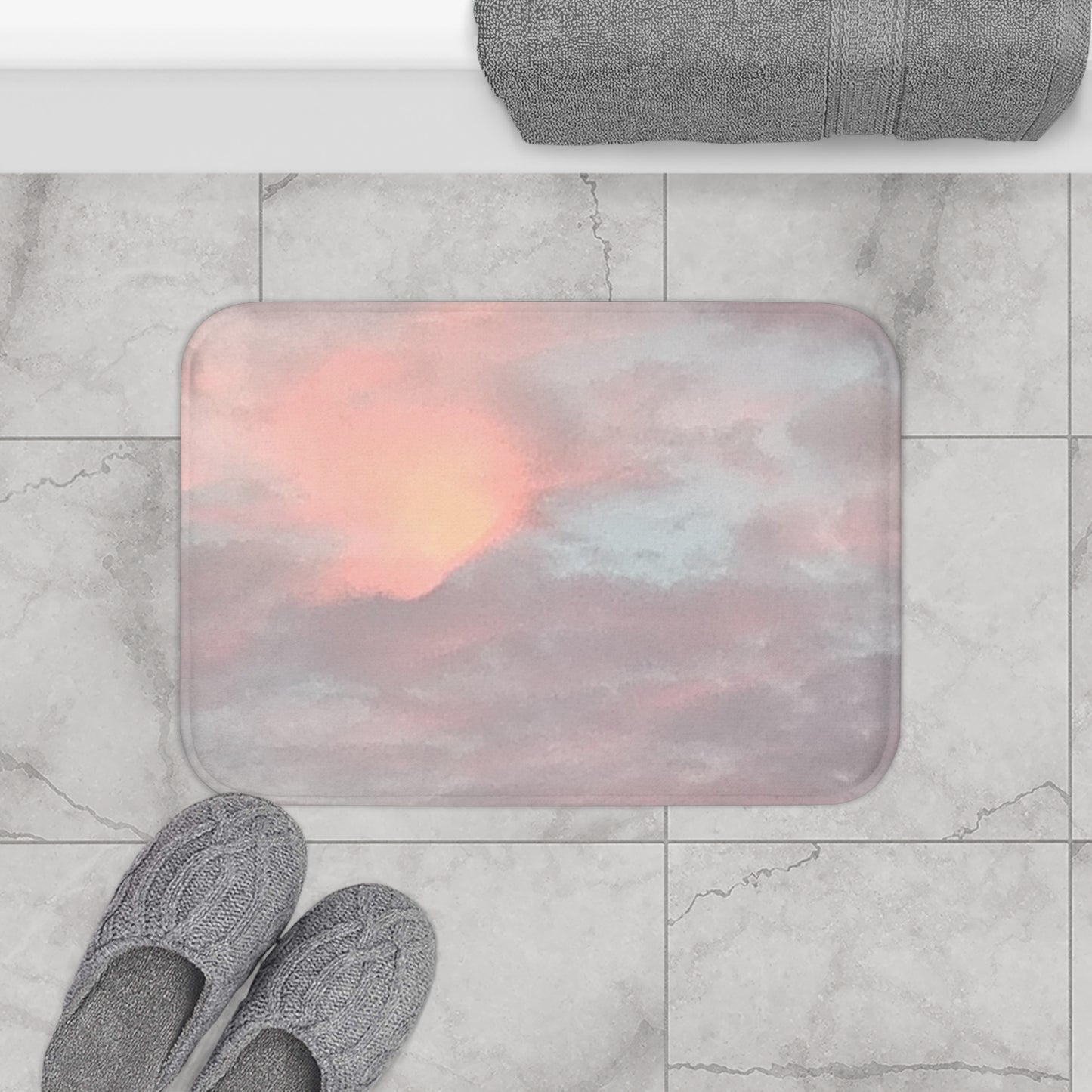Ardent Pulse: (24"x17") Pastel Sunset Bathmat — Soft Pink Cloud Bathroom Rug