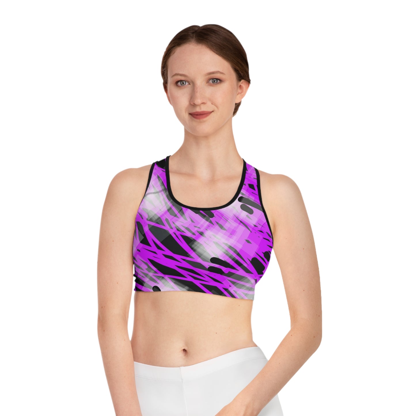 Juliet-Marie II:   BLK Trim; Vibrant Pattern Sports Bra - Trendy Activewear for Fitness Enthusiasts