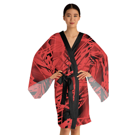 Gracie:  Abstract Red Striped Long Sleeve Kimono Robe - Stylish Loungewear for Relaxation