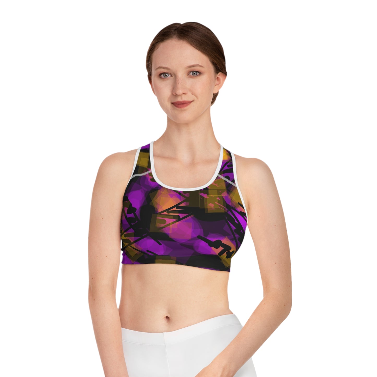 Nikita I:  WH Trim; Vibrant Abstract Sports Bra for Active Lifestyle