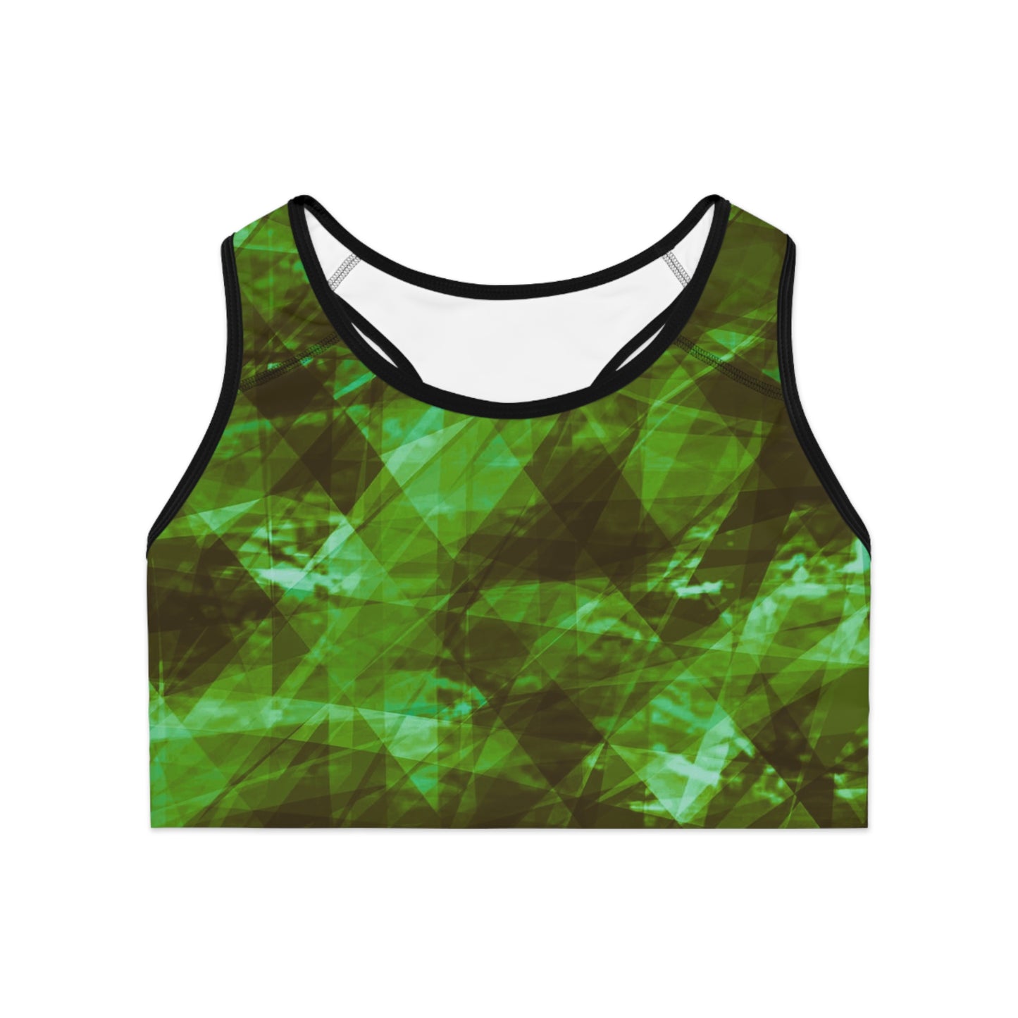Green River:  Stylish Sports Bra, Activewear Top Fitness, Green Geometric Print, Gym Clothing, Workout Apparel, Dance Top