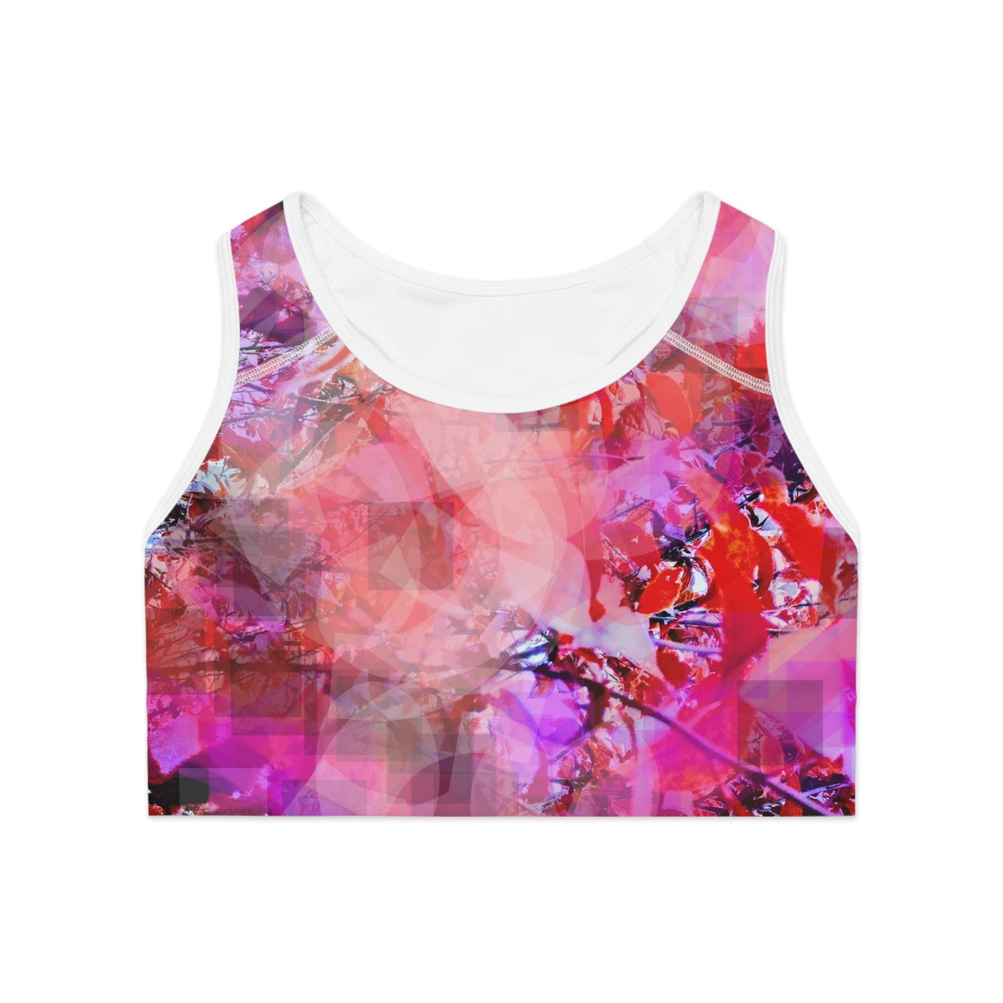 Garnet II: WH Trim; Lovely Red & Violet Tones Sports Bra (AOP), Nature Lovers