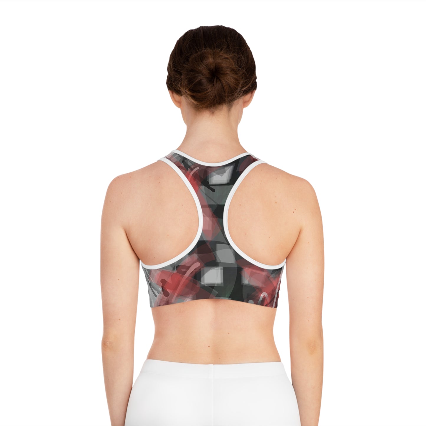 Micah I:  WH Trim Abstract Red & Black Sports Bra - Stylish Activewear for Fitness Enthusiasts