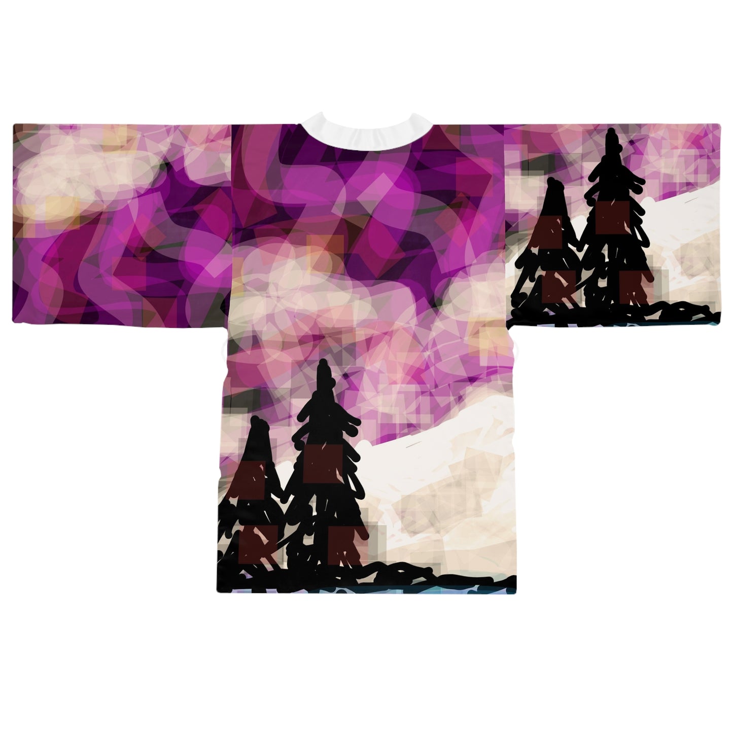 Earth Realms II:  White Trim Artistic Long Sleeve Kimono Robe - Cozy Layer for Relaxation & Style