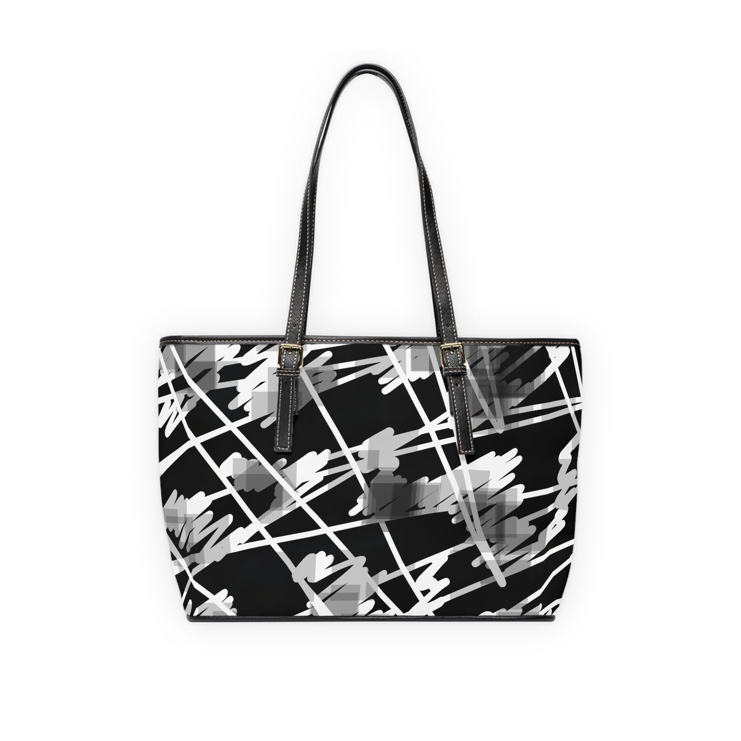 Nimue II:  Chic PU Leather Shoulder Bag - Modern Abstract Design in Black and gray and white