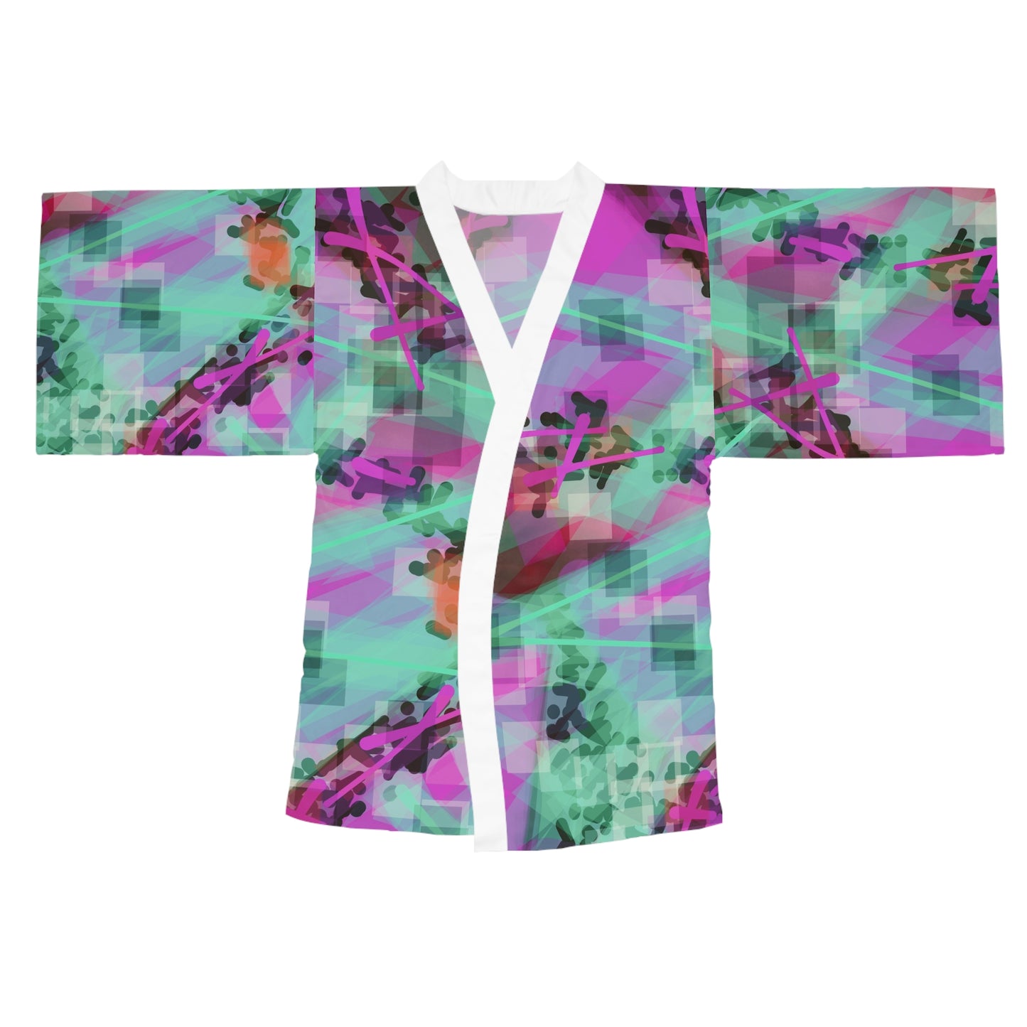 Hi Norma II: White Trim Colorful Abstract Long Sleeve Kimono Robe | Trendy Cover-Up for Relaxation