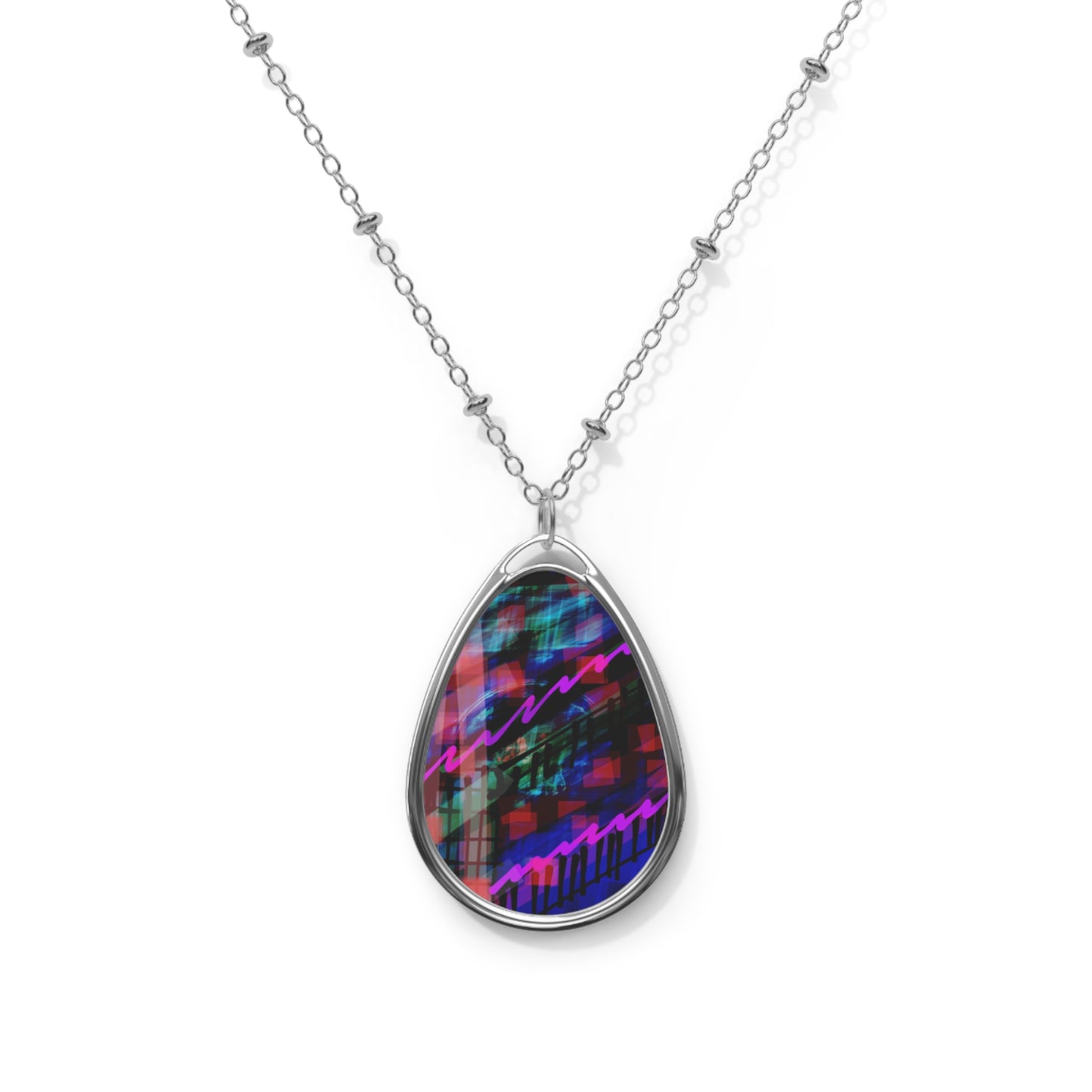 Marianne:  Night Mood Abstract Art Colorful Oval Necklace - Unique Modern Jewelry Statement Piece