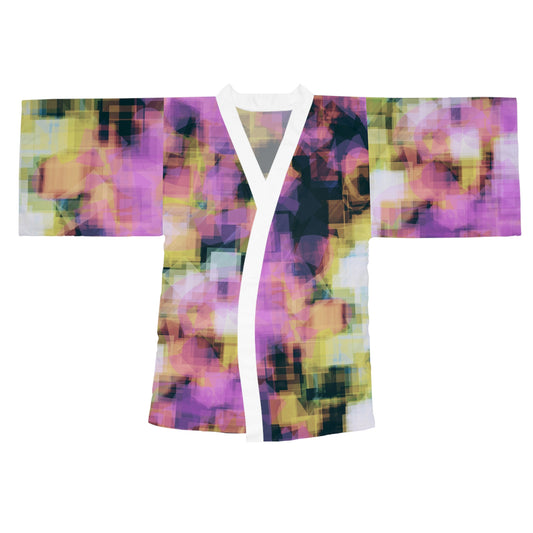 Sheena I: WH Trim; Stylish Abstract Long Sleeve Kimono Robe - Perfect for Relaxation and Self-Care