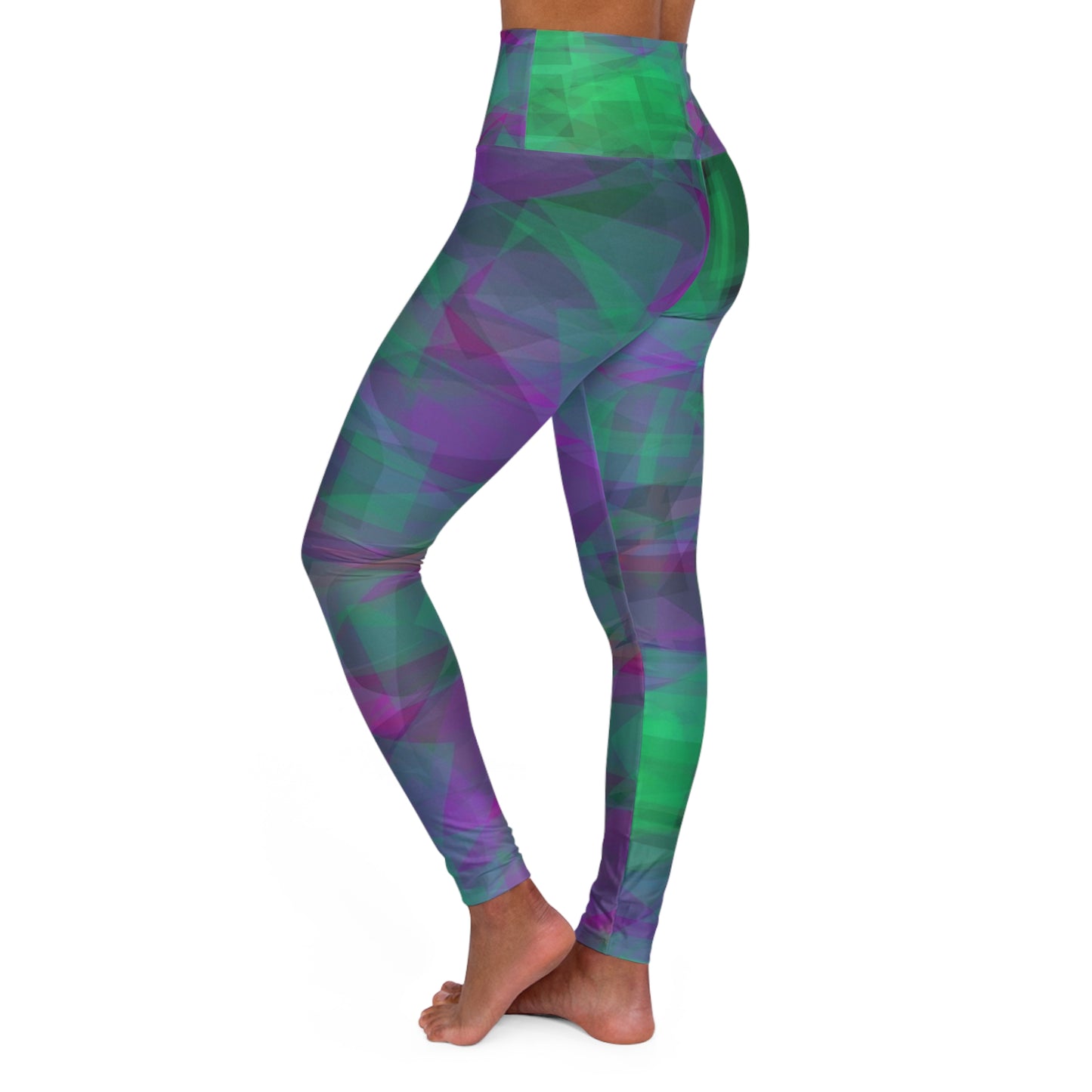Gong:  Vitality High Waisted Leggings - Abstract Green & Purple Design, Casual Chic Fashion for Active Lifestyle